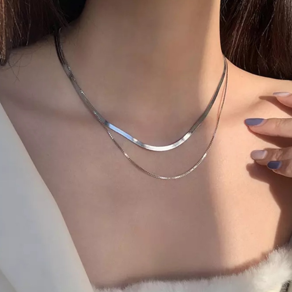 NEW 925 STERLING SILVER DOUBLE LAYER CHAIN NECKLACE, NICE NECKLACE,CUTE NECKLACE